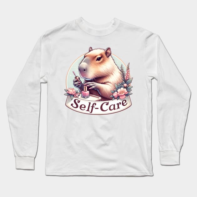 Self-care Capybara Painting Nails Long Sleeve T-Shirt by TheCloakedOak